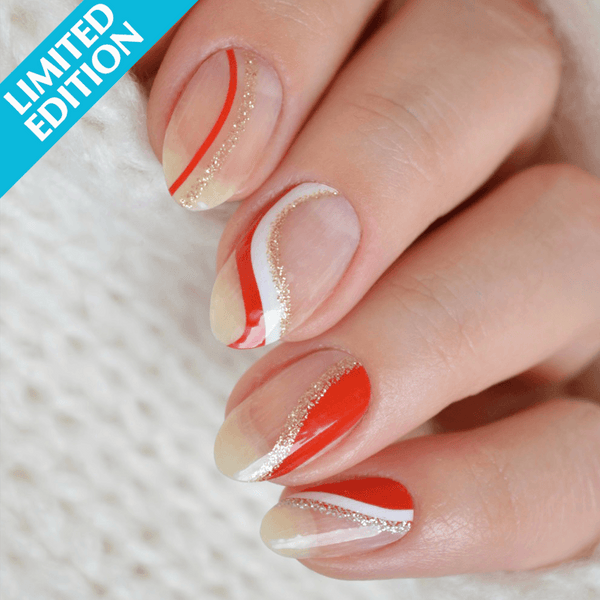 Candy Cane nail polish wraps, sheer nails with red and white candy cane swirls and gold glitter