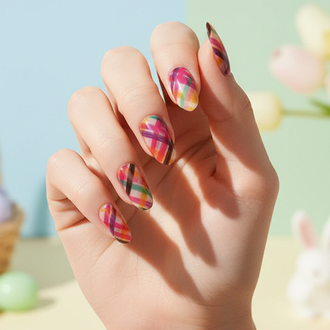 Close-up of hands easter nails 
with colorful nail art on a neutral background