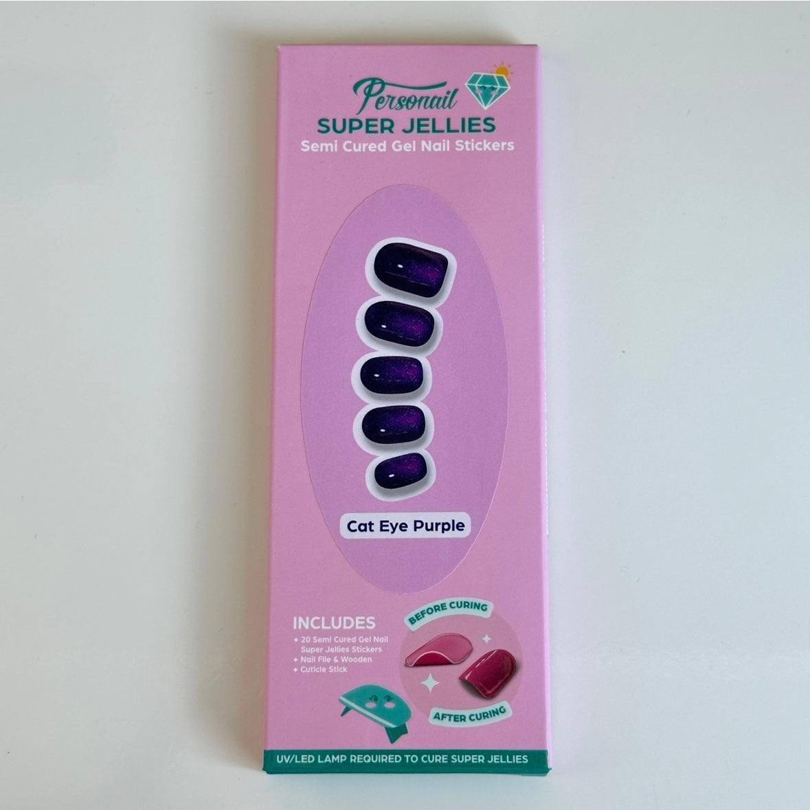 Cat Eye Purple Super Jellies semi-cured gel nail stickers in retail box